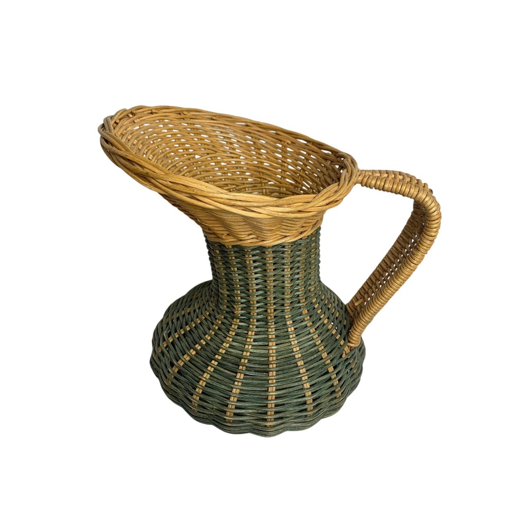 Vintage Cottagecore Wicker Pitcher Basket Boho Decorative Vase 9" Handwoven Jug